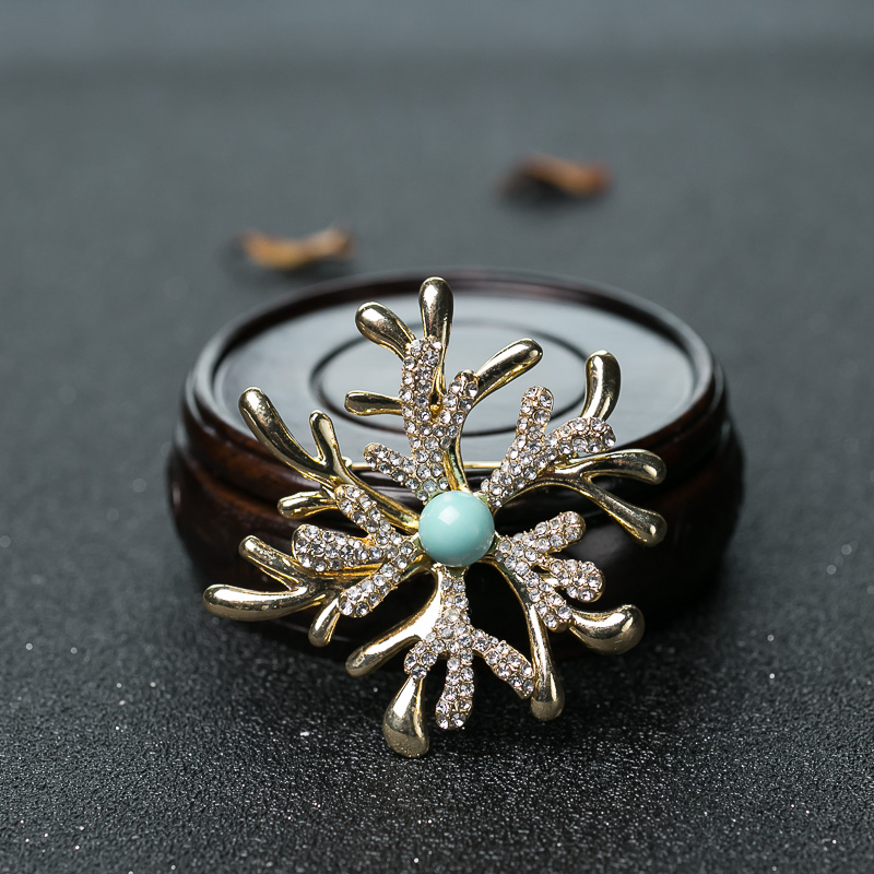 铜镀金镶中瓷浅蓝绿松石雪花吊坠/胸针两用款-红掌柜