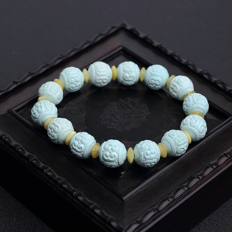 11.5mm中瓷浅蓝绿松石回纹珠单圈手串-红掌柜