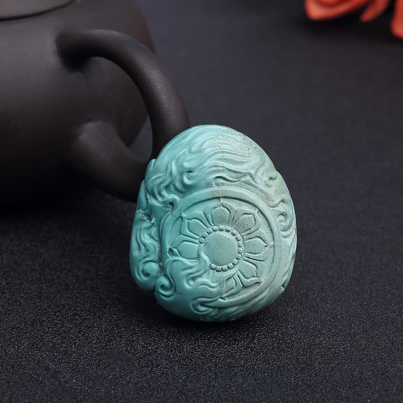 天然高瓷铁线蓝绿绿松石黄财神吊坠-红掌柜