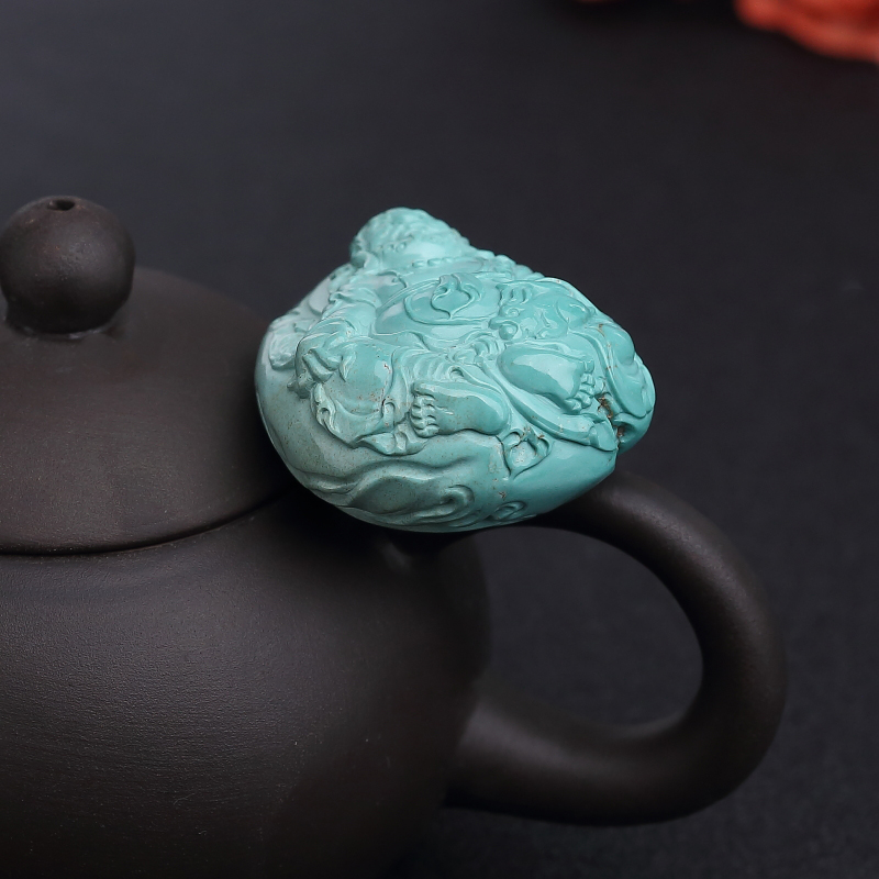 湖北高瓷铁线蓝绿绿松石黄财神吊坠-红掌柜