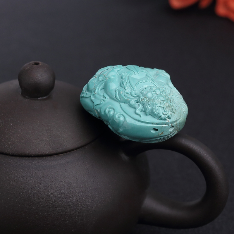 天然蓝绿绿松石黄财神吊坠-红掌柜