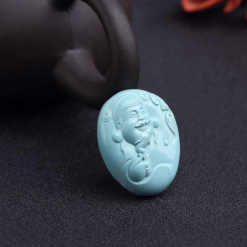 天然高瓷蓝绿松石财神吊坠-红掌柜