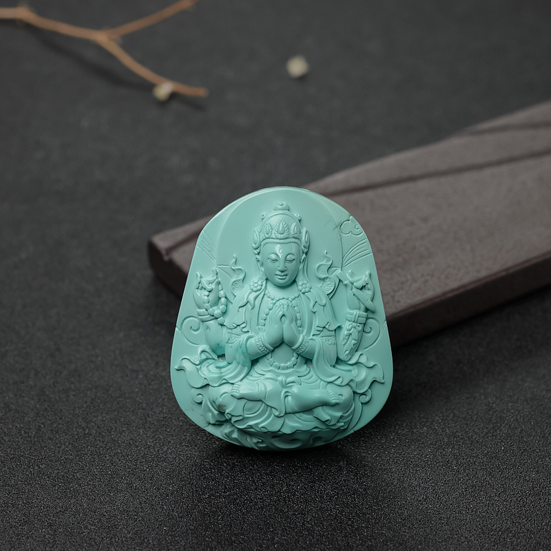 高瓷铁线蓝绿绿松石四臂观音吊坠-红掌柜