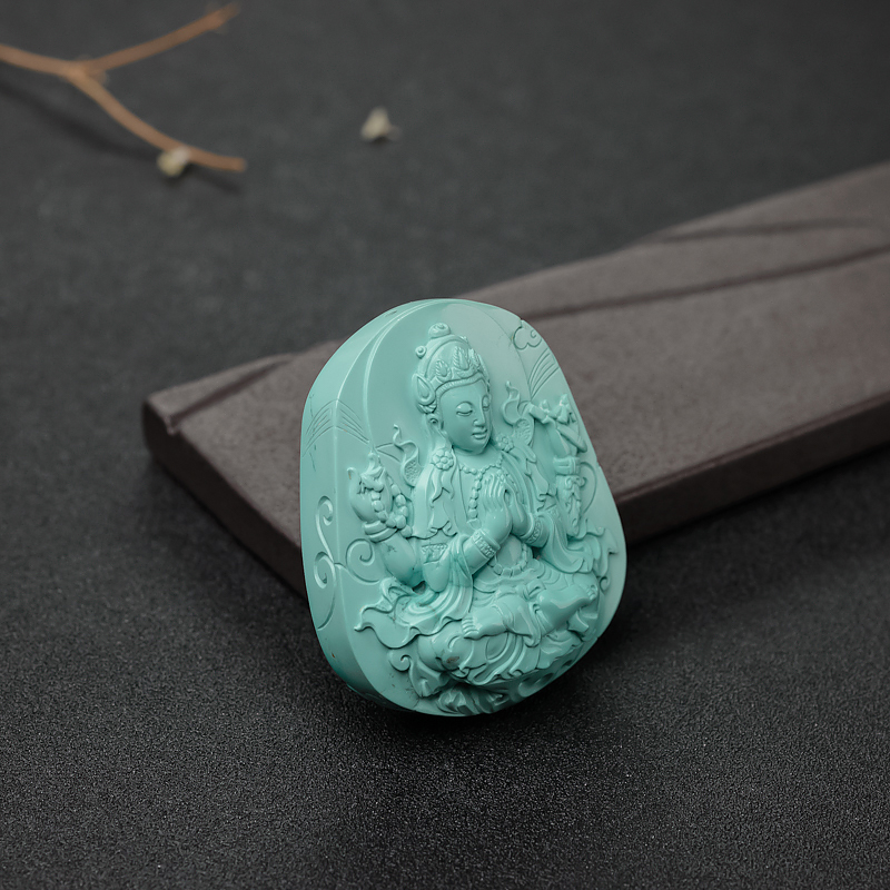 蓝绿绿松石四臂观音吊坠-红掌柜