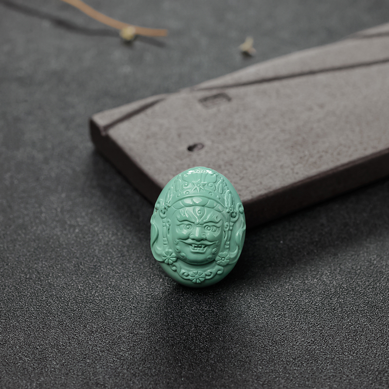 高瓷铁线蓝绿绿松石黄财神吊坠-红掌柜