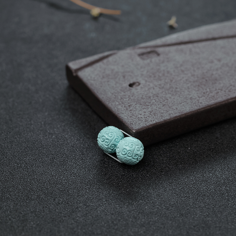 高瓷铁线浅蓝绿松石回纹对珠-红掌柜