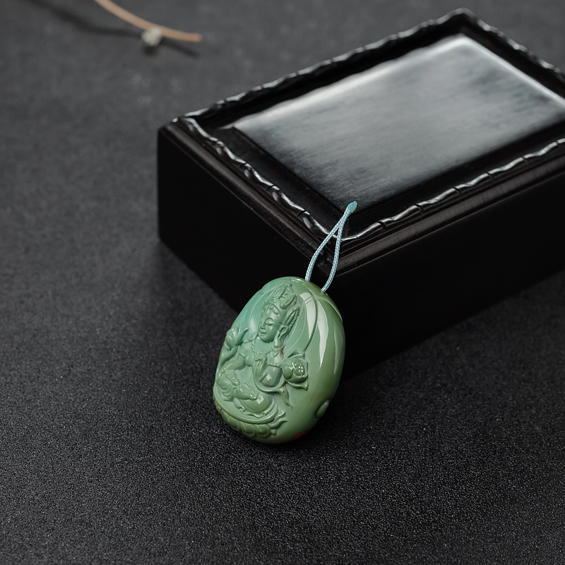 铁线黄绿绿松石绿度母吊坠-红掌柜