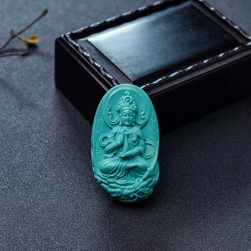 天然中高瓷蓝绿绿松石乘龙观音吊坠-红掌柜