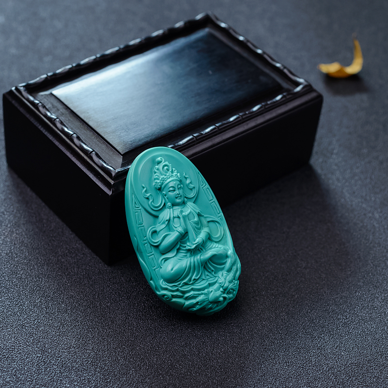 天然蓝绿绿松石乘龙观音吊坠-红掌柜