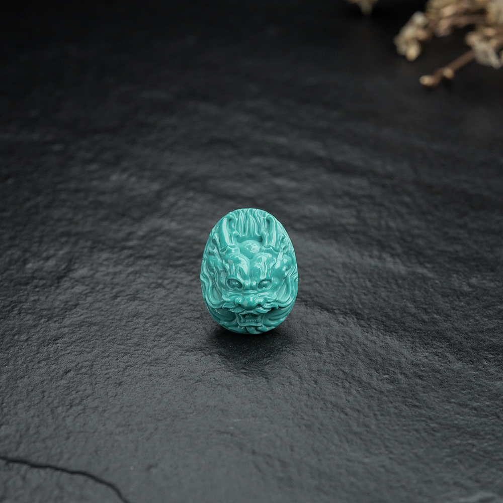 高瓷铁线蓝绿绿松石龙头戒面-红掌柜