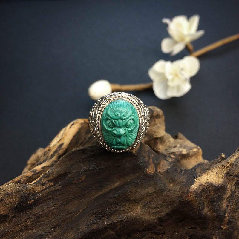 湖北天然银镶高瓷绿色绿松石孙悟空戒指 - 红掌柜