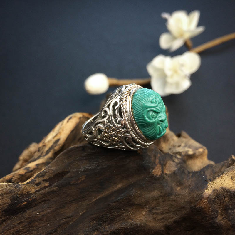 天然银镶高瓷绿色绿松石孙悟空戒指 - 红掌柜