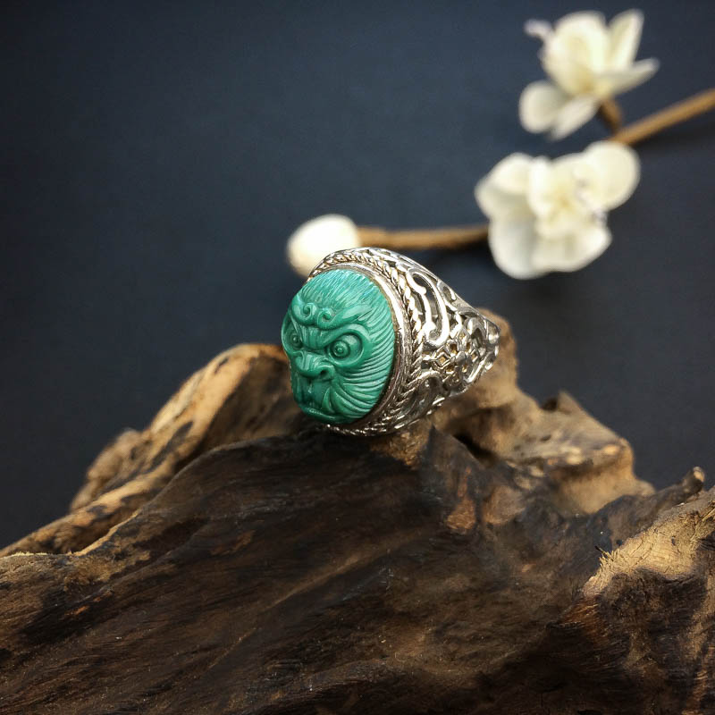 银镶高瓷绿色绿松石孙悟空戒指 - 红掌柜