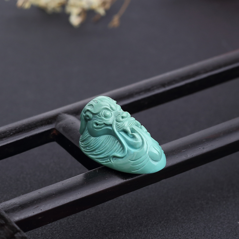 天然高瓷铁线蓝绿绿松石龙头吊坠-红掌柜