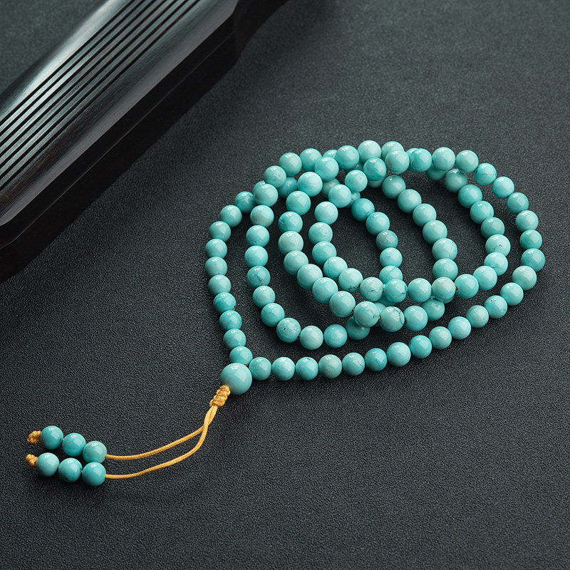 高瓷铁线蓝绿松石佛珠-红掌柜