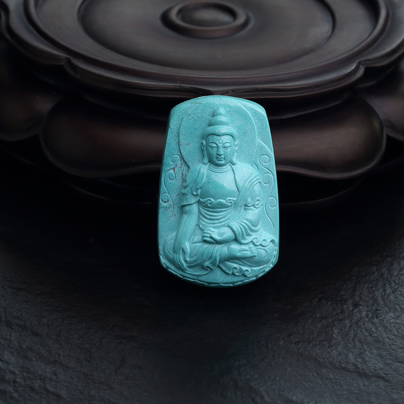 高瓷铁线蓝绿绿松石阿弥陀佛吊坠-红掌柜