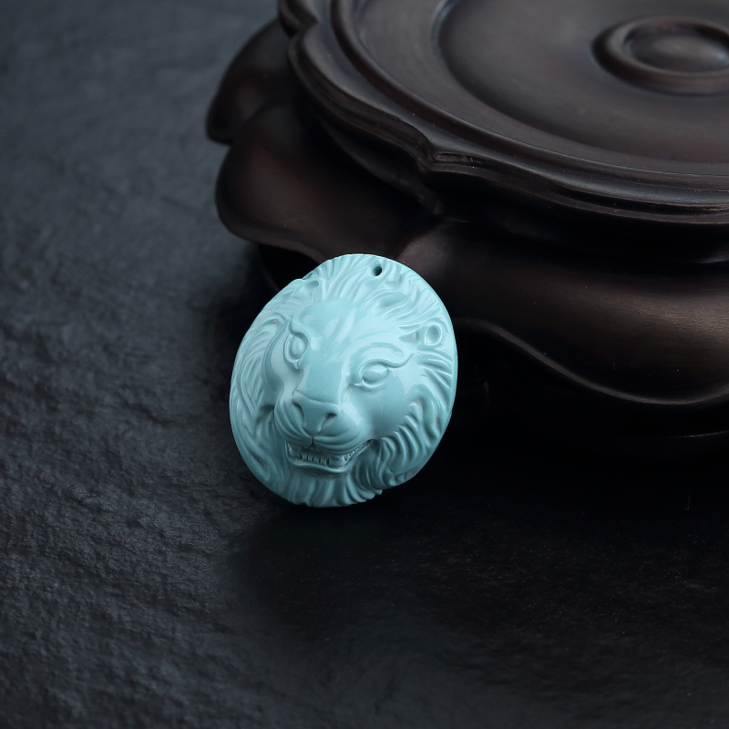 高瓷蓝绿绿松石狮子头吊坠-红掌柜