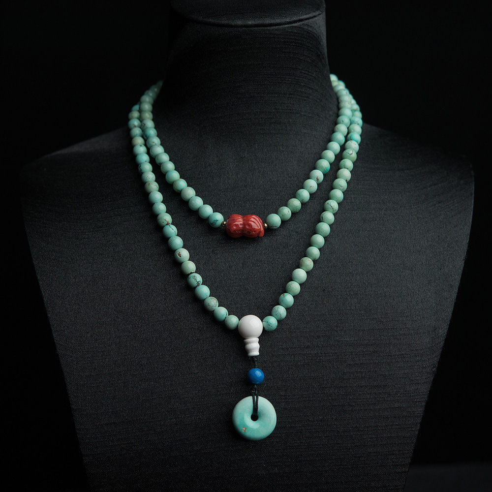 6mm中高瓷铁线蓝绿绿松石108佛珠-红掌柜