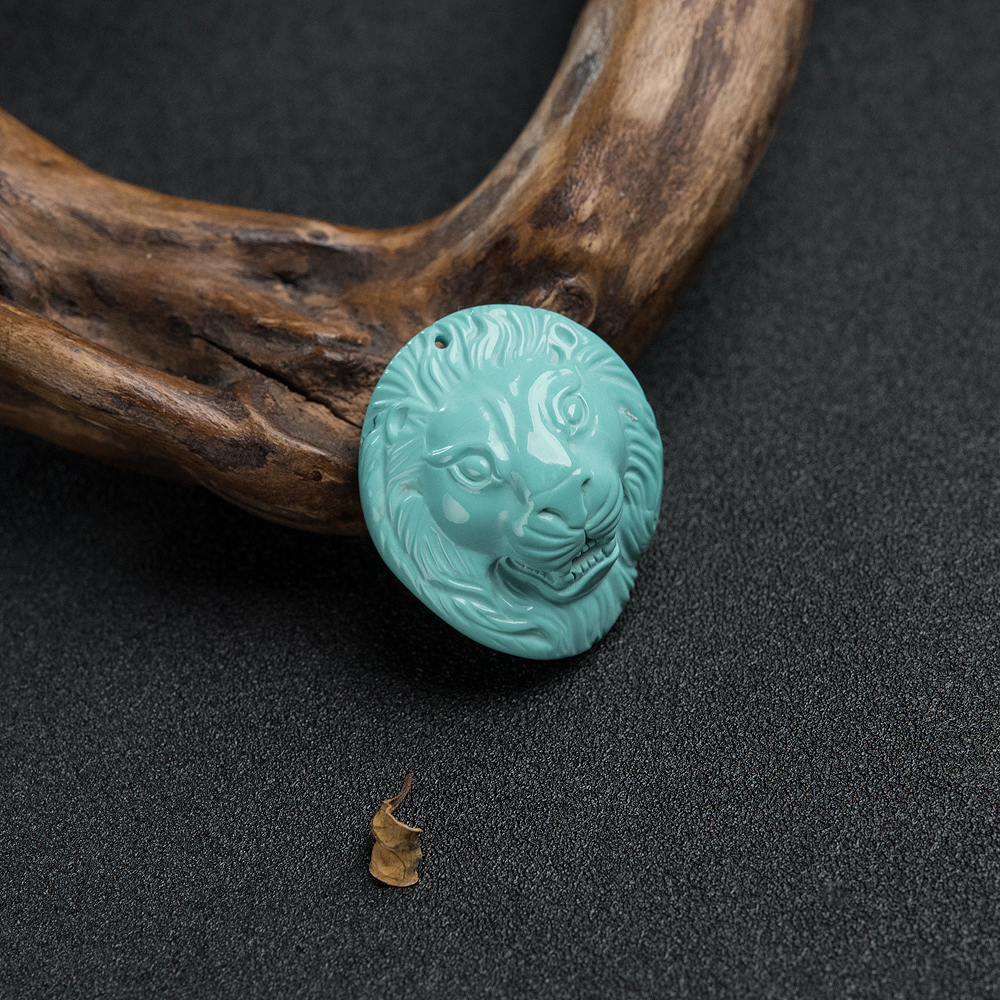 天然高瓷铁线蓝绿松石狮子头吊坠-红掌柜