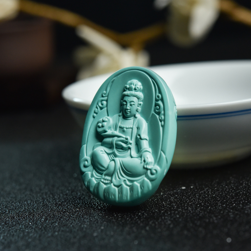 湖北高瓷浅蓝绿松石观音吊坠-红掌柜