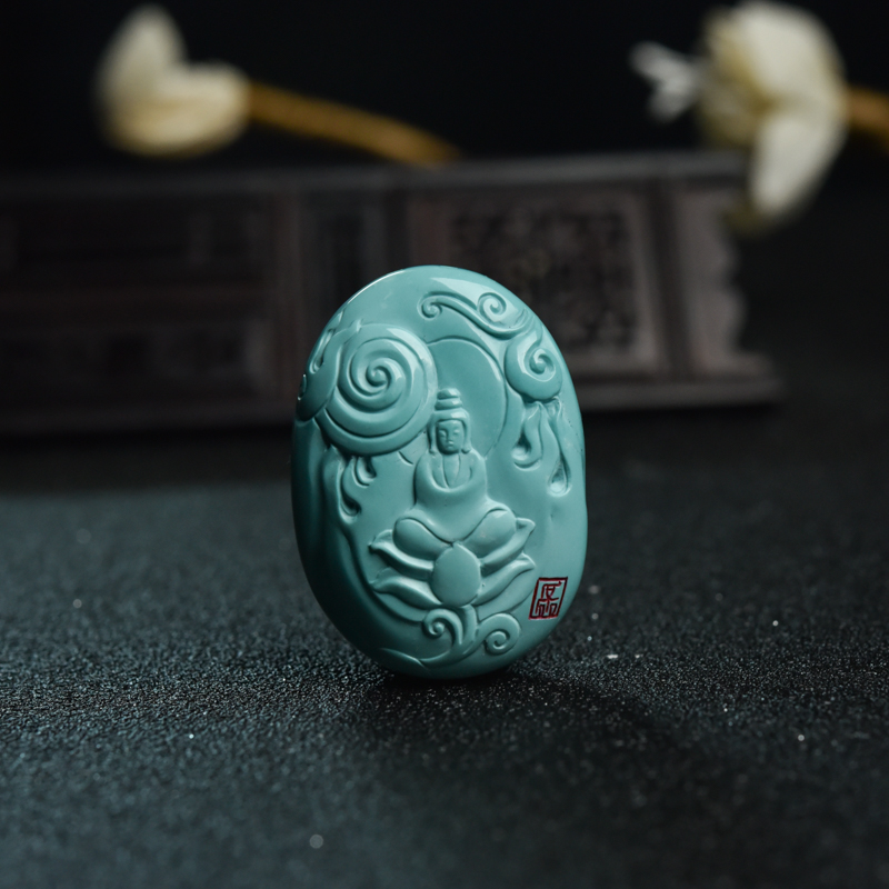 天然浅蓝绿松石观音吊坠-红掌柜