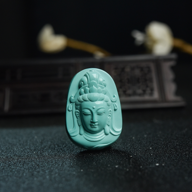 高瓷浅蓝绿松石观音头吊坠-红掌柜