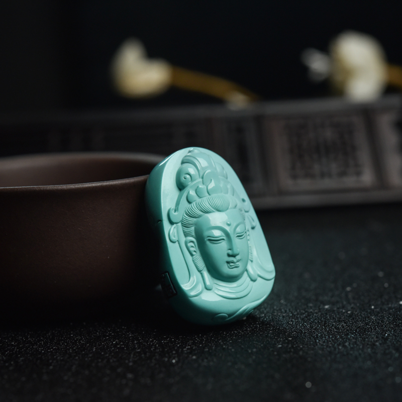 天然高瓷浅蓝绿松石观音头吊坠-红掌柜