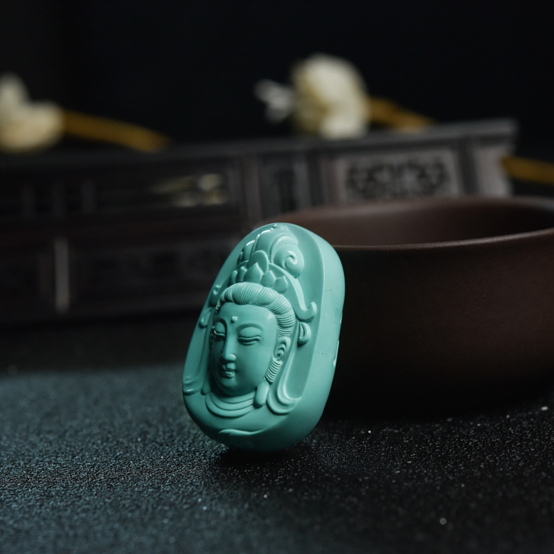 湖北高瓷浅蓝绿松石观音头吊坠-红掌柜