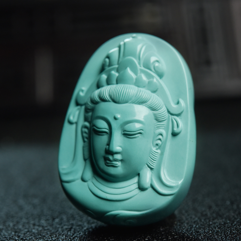 高瓷天然绿松石观音头吊坠-红掌柜