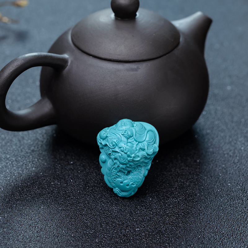 高瓷铁线蓝绿绿松石龙吊坠-红掌柜