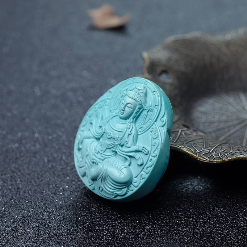 天然中高瓷蓝绿松石观音吊坠-红掌柜