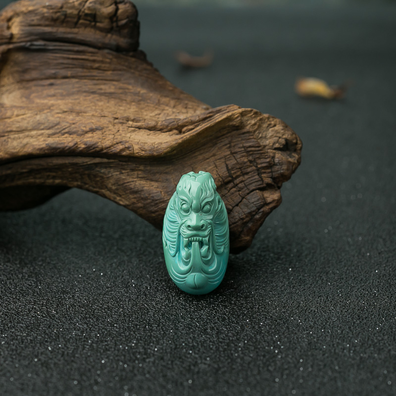 高瓷铁线蓝绿绿松石龙头戒面-红掌柜