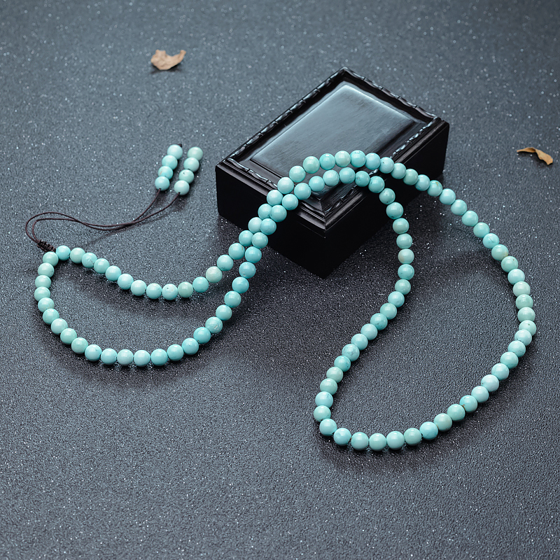 7mm天然湖北中高瓷铁线蓝绿松石佛珠-红掌柜