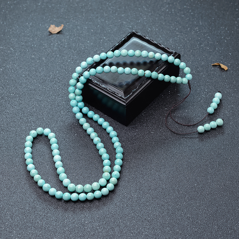 7mm天然湖北铁线蓝绿松石108佛珠-红掌柜