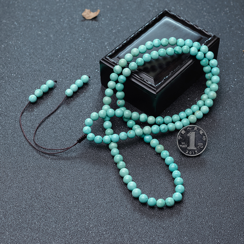 6.8mm天然湖北中高瓷铁线蓝绿绿松石108佛珠-红掌柜