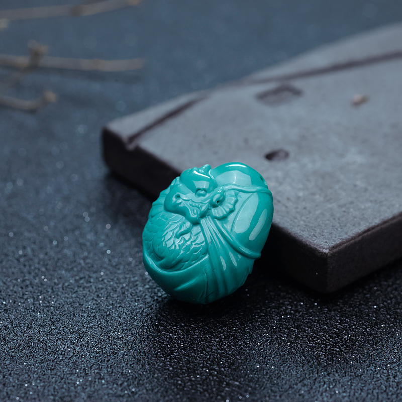 天然高瓷蓝绿绿松石龙吊坠-红掌柜