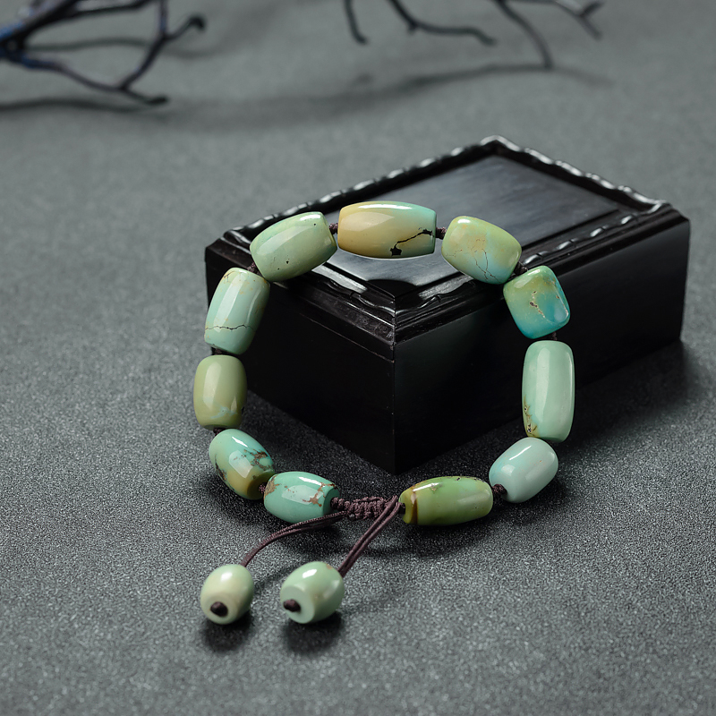 湖北天然中高瓷铁线俏色绿松石桶珠手串 - 红掌柜