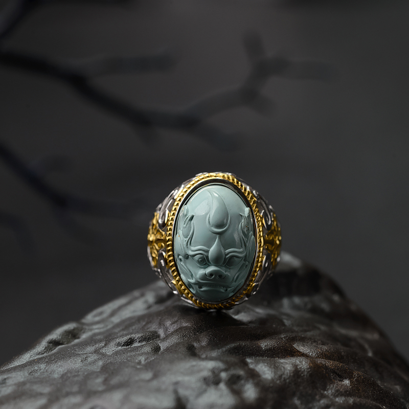 银镶中高瓷铁线浅蓝绿松石兽面戒指-红掌柜