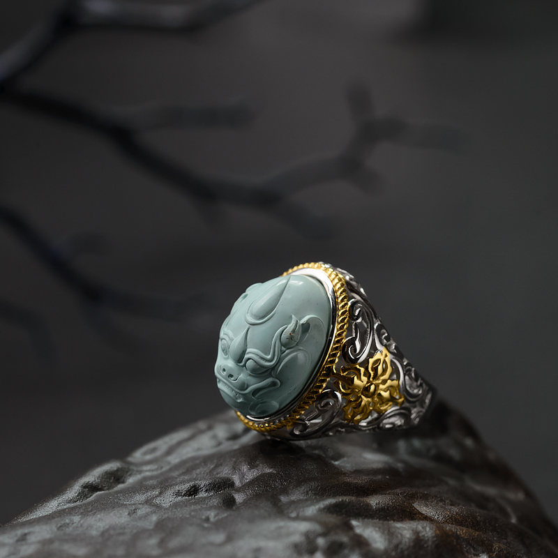 中高瓷铁线浅蓝绿松石兽面戒指-红掌柜