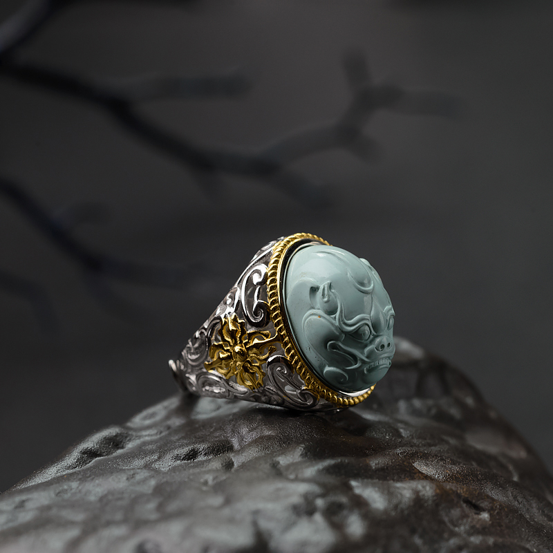 银镶铁线浅蓝绿松石兽面戒指-红掌柜