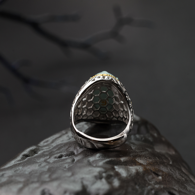 银镶中高瓷浅蓝绿松石兽面戒指-红掌柜