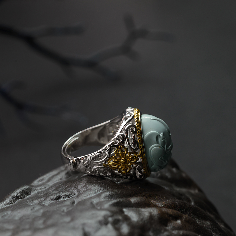 银镶中高瓷铁线绿松石兽面戒指-红掌柜