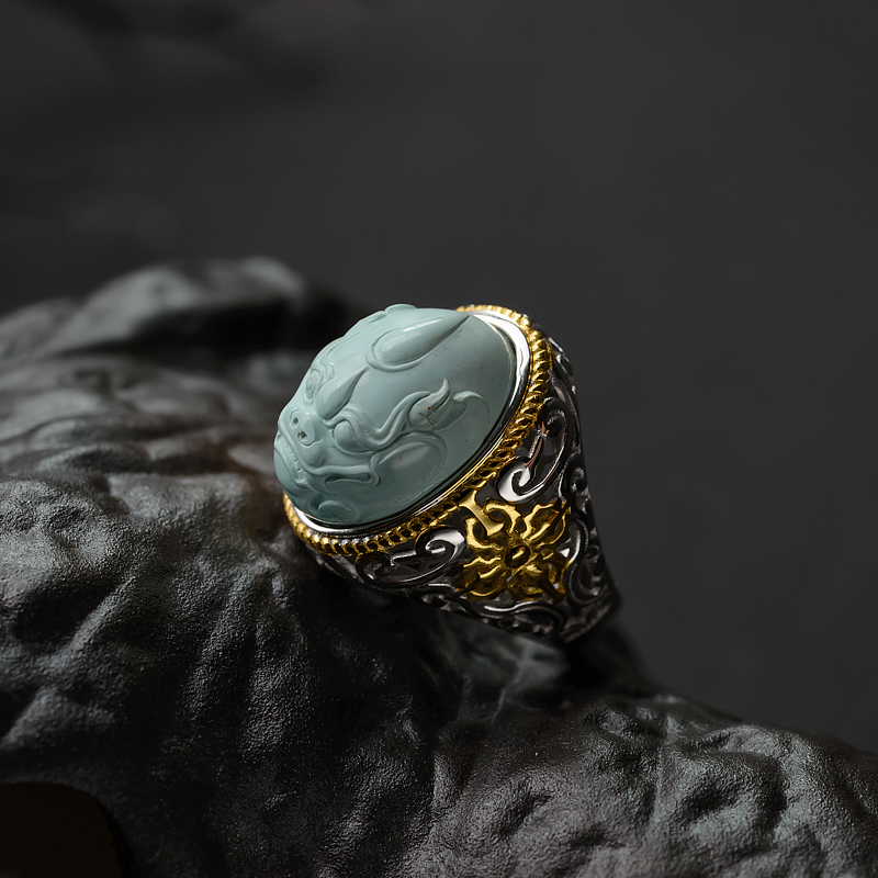 银镶中高瓷铁线浅蓝绿松石戒指-红掌柜