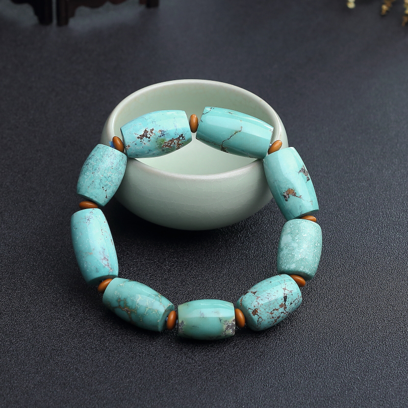 天然中高瓷铁线蓝绿绿松石桶珠单圈手串-红掌柜