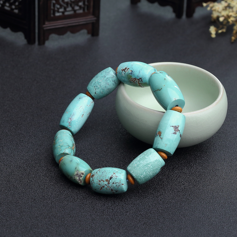 中高瓷铁线蓝绿绿松石桶珠单圈手串-红掌柜