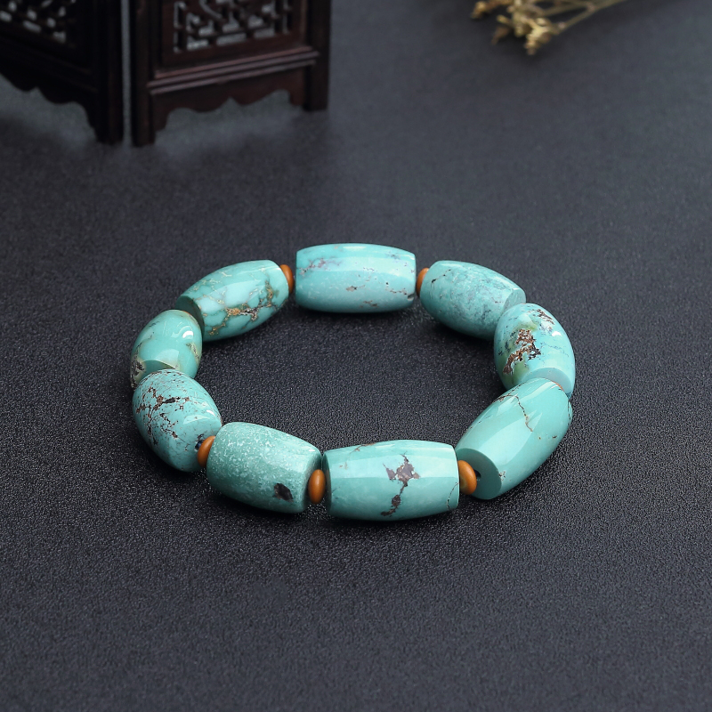 天然中高瓷铁线绿松石桶珠单圈手串-红掌柜