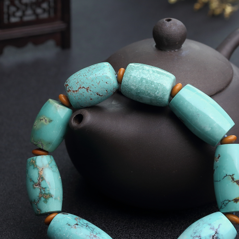 天然中高瓷铁线蓝绿绿松石单圈手串-红掌柜