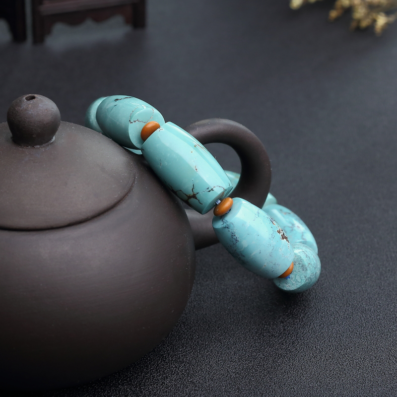 天然中高瓷铁线蓝绿绿松石桶珠手串-红掌柜