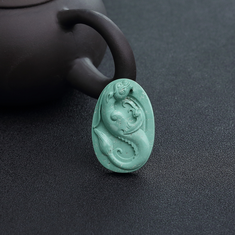 天然中高瓷蓝绿绿松石仿古龙吊坠-红掌柜