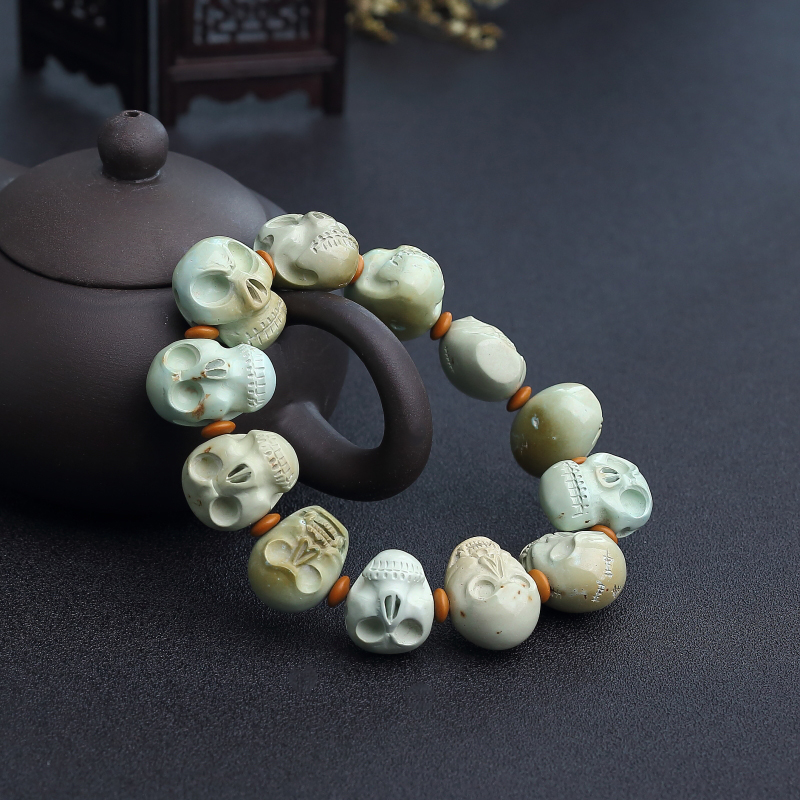 天然高瓷铁线俏色绿松石骷髅头单圈手串-红掌柜